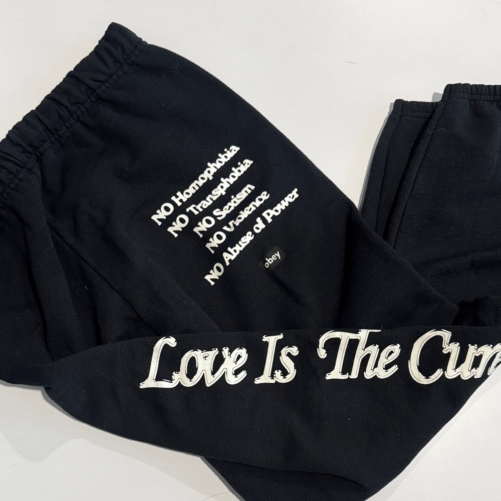 Obey Black Sweatpants with White 'Love Is The Cure' Script